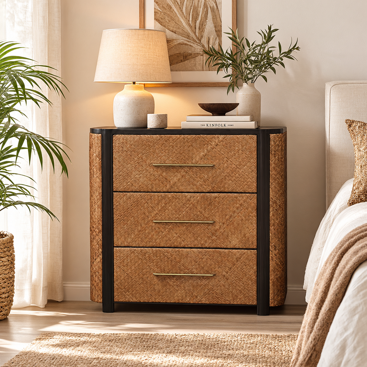 Cómoda Havana Weave de madera maciza de mango y ratán — 3 cajones