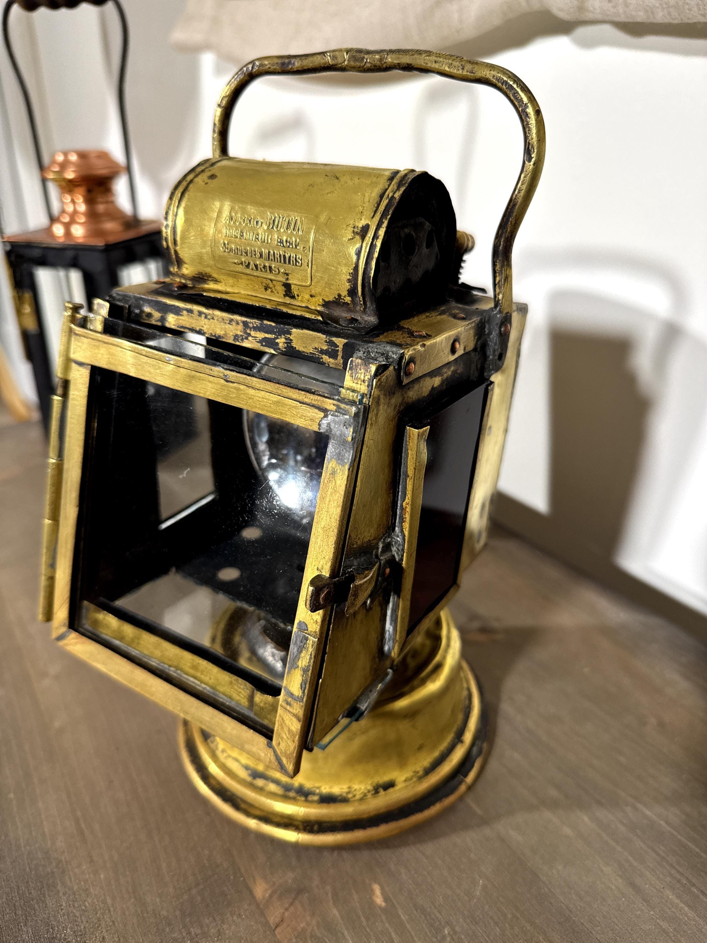 Antigua Linterna Francesa de Carburo Albert Butin París c.1900 | Farol Ferroviario de Latón | Automobilia Industrial Steampunk