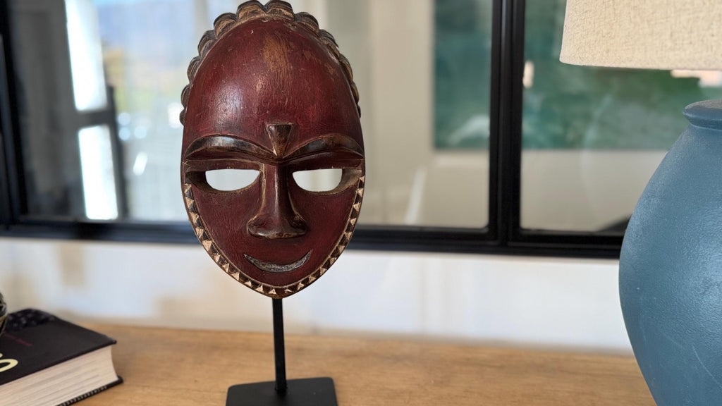 Máscara Africana Baule Kple de Costa de Marfil | Arte Tribal Africano | Escultura de Madera Tallada | Decoración Étnica con Soporte