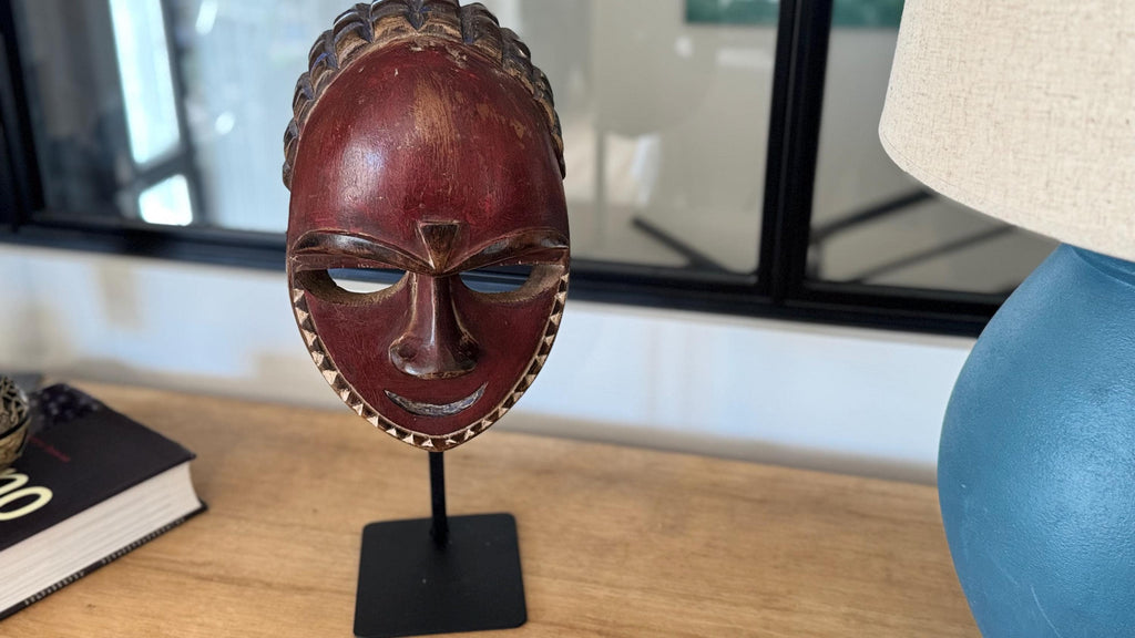 Máscara Africana Baule Kple de Costa de Marfil | Arte Tribal Africano | Escultura de Madera Tallada | Decoración Étnica con Soporte
