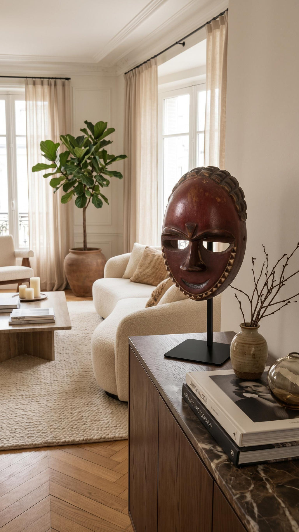 Máscara Africana Baule Kple de Costa de Marfil | Arte Tribal Africano | Escultura de Madera Tallada | Decoración Étnica con Soporte