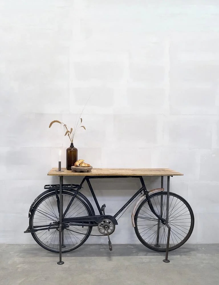 Consola de Bicicleta Antigua Reciclada con Encimera de Madera – Mesa Industrial Vintage Única para Decoración Loft
