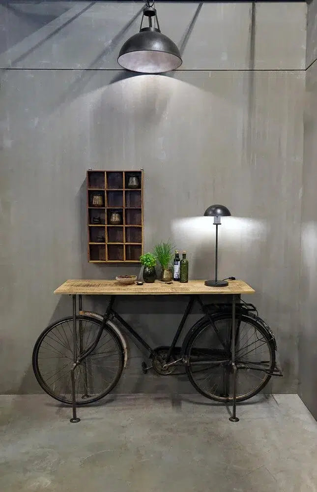 Consola de Bicicleta Antigua Reciclada con Encimera de Madera – Mesa Industrial Vintage Única para Decoración Loft
