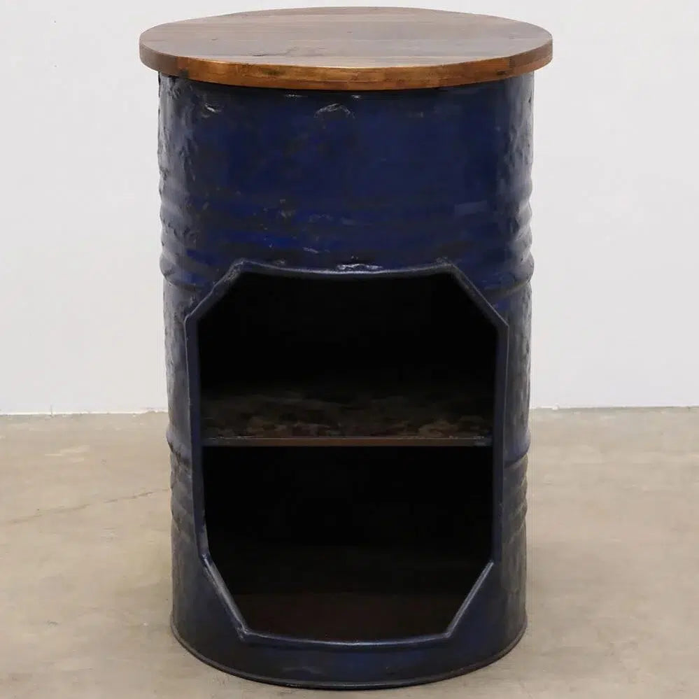 Mesa Bar Industrial de Barril Metálico Reciclado – Mueble Vintage con Estante y Almacenaje para Decoración Industrial