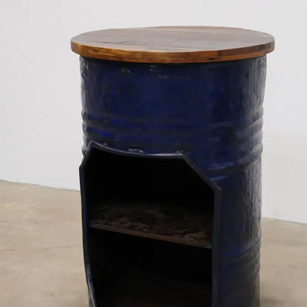 Mesa Bar Industrial de Barril Metálico Reciclado – Mueble Vintage con Estante y Almacenaje para Decoración Industrial