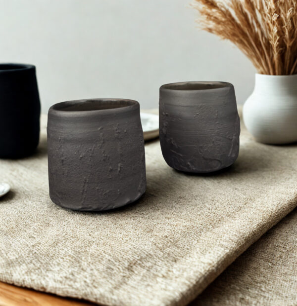 Set de chawan negros texturizados – Cerámica contemporánea de Radenko Adnadj