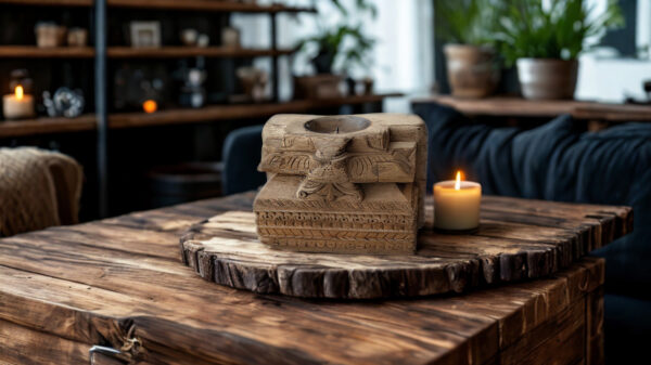 Portavelas de Madera de Teca Tallada – Artesanía India Tradicional - Imagen 3